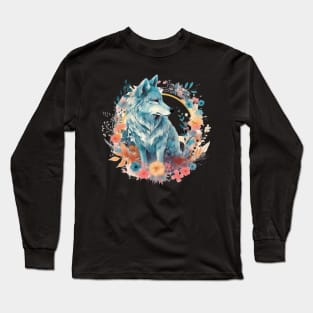 Colorful Wolf With Flowers Long Sleeve T-Shirt